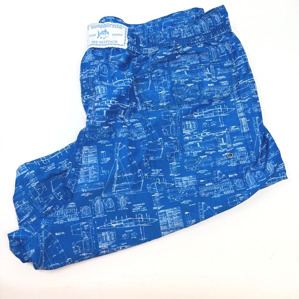 Southern Tide Mens Medium Blue Blueprint Boat Schematic Swim Trunks Water Shorts